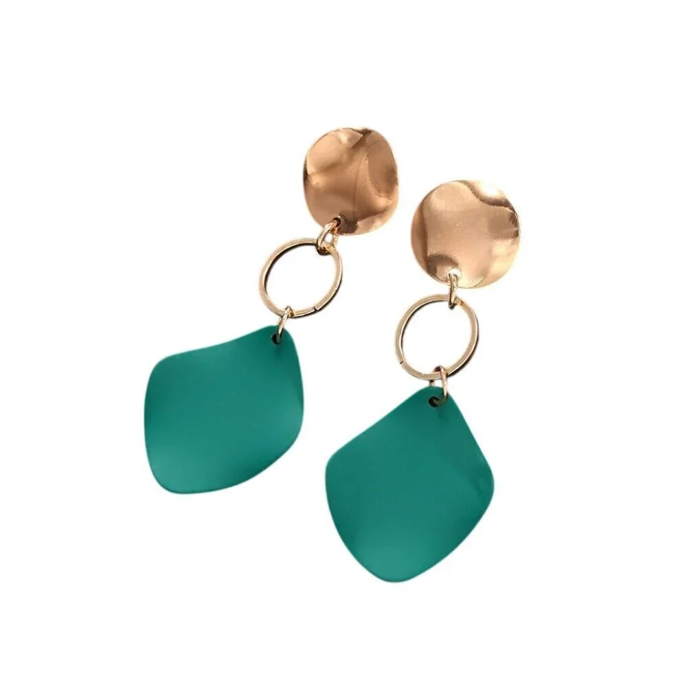 Retro Modernist Geometric Green Enamel Gold Metal Wavy Dangle Earrings